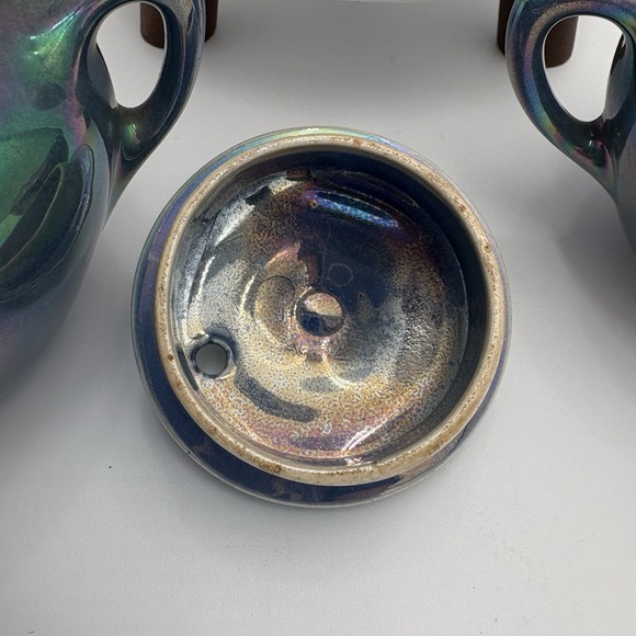 Cowan Pottery Blue Iridescent Teapot Cream & Sugar Set Numbered Oil Drip Glaze - Picture 8 of 15